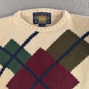 Vintage Ralph Lauren Chaps Sweater Mens Medium Cream Argyle Cotton Knit 90s